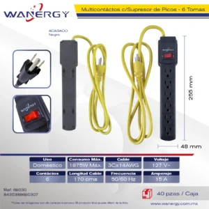 Regleta Multicontacto 6 tomas de corriente PP material Con interruptor ON/OFF Cable calibre 3x7.8mm