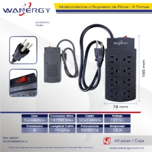 Regleta Multicontacto 6 tomas de corriente PP material Con interruptor ON/OFF Cable calibre 3x7.8mm